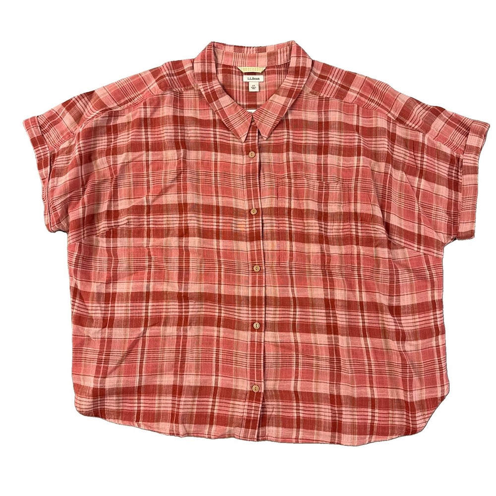Women's Size 2X NWT L. L. Bean Day Breeze 3 Button Shirt Pink Plaid Short Sleeve